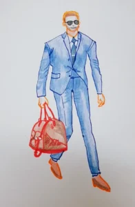 삼성전자의 2026년형 비스포크 AI 에어드레서 신제품의 주요 기능과 디자인을 설명하기 위해 그린 정장 입은 남자의 모습. woolim의 전문 가이드 일러스트